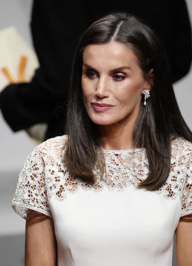 Détail de la robe brodée de la reine Letizia et de ses boucles d'oreilles en diamants. PHOTO : images limitées.