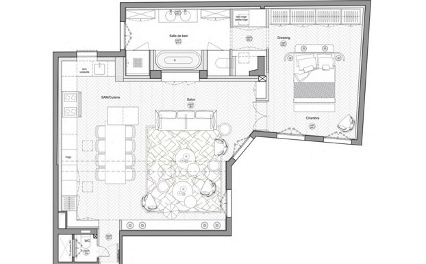 Plan d'appartement après la réforme, avec des espaces ouverts.